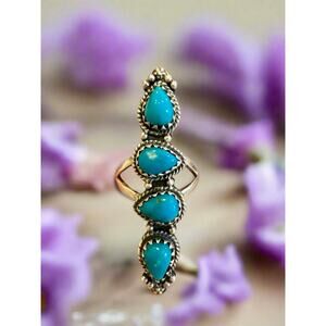 Turquoise Four Stone Long Southwestern Sterling Silver Ring Size 8
